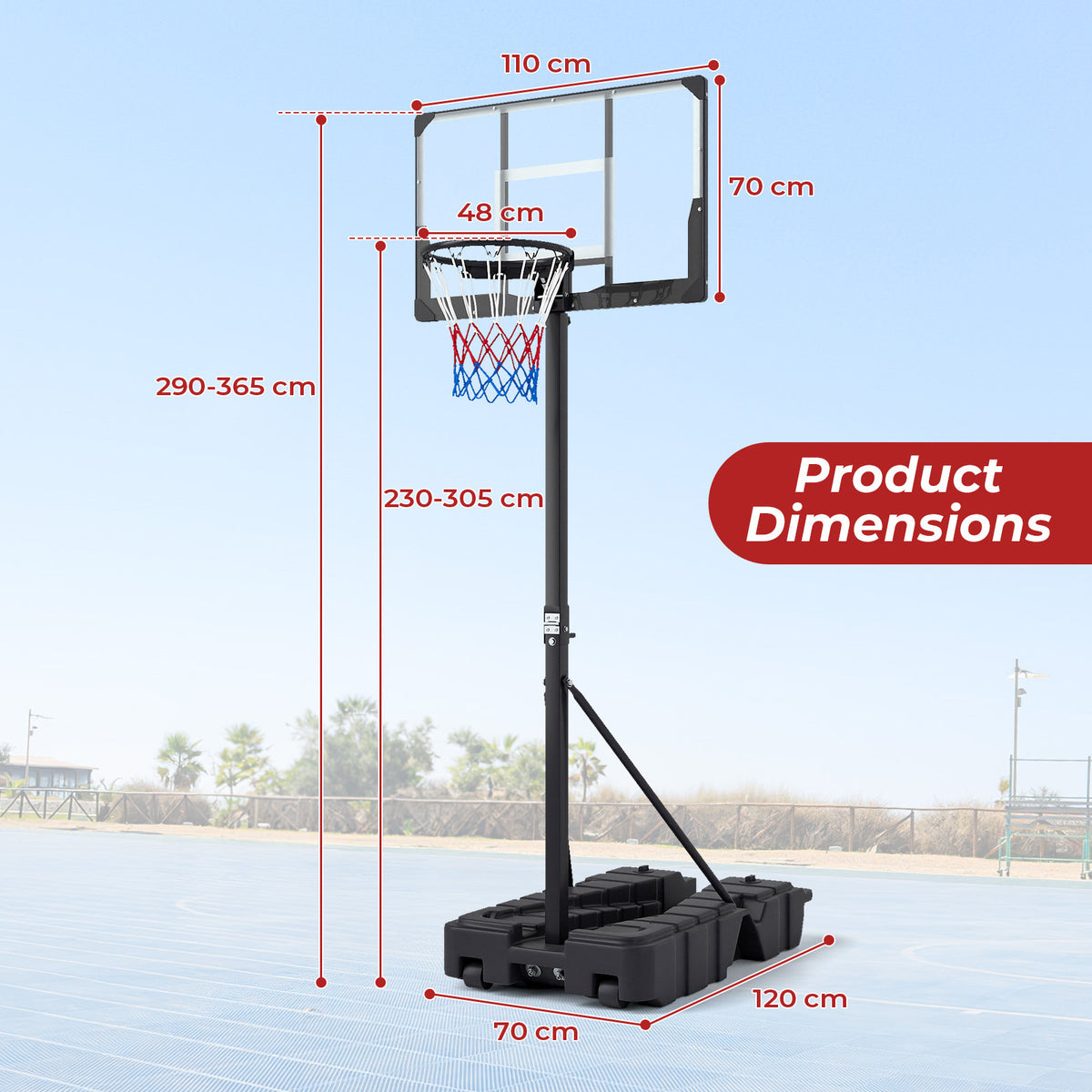 The basketball hoop showing the various product dimensions with red lines and text