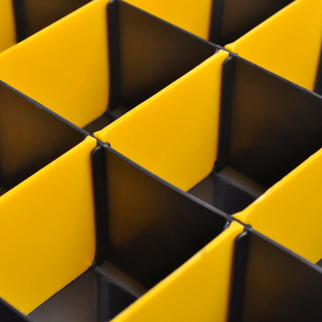Close-up of the yellow dividers inside a storage box sort case