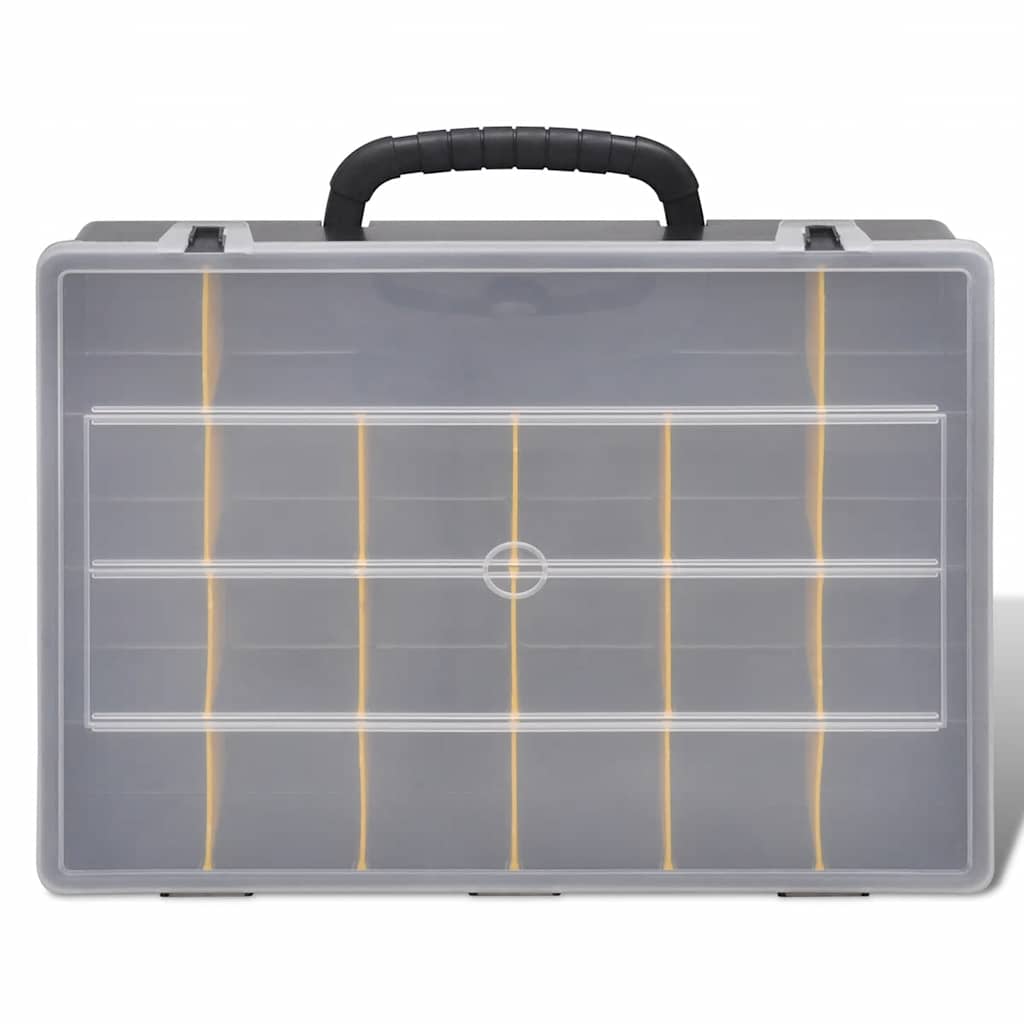 The tool box, a closed black and clear plastic case with a handle and yellow dividers