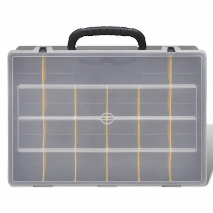 The tool box, a closed black and clear plastic case with a handle and yellow dividers