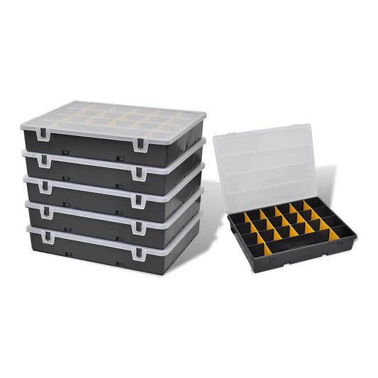 Storage Box Sort Case 6 pcs, a stack of five closed boxes with one open box showing yellow dividers