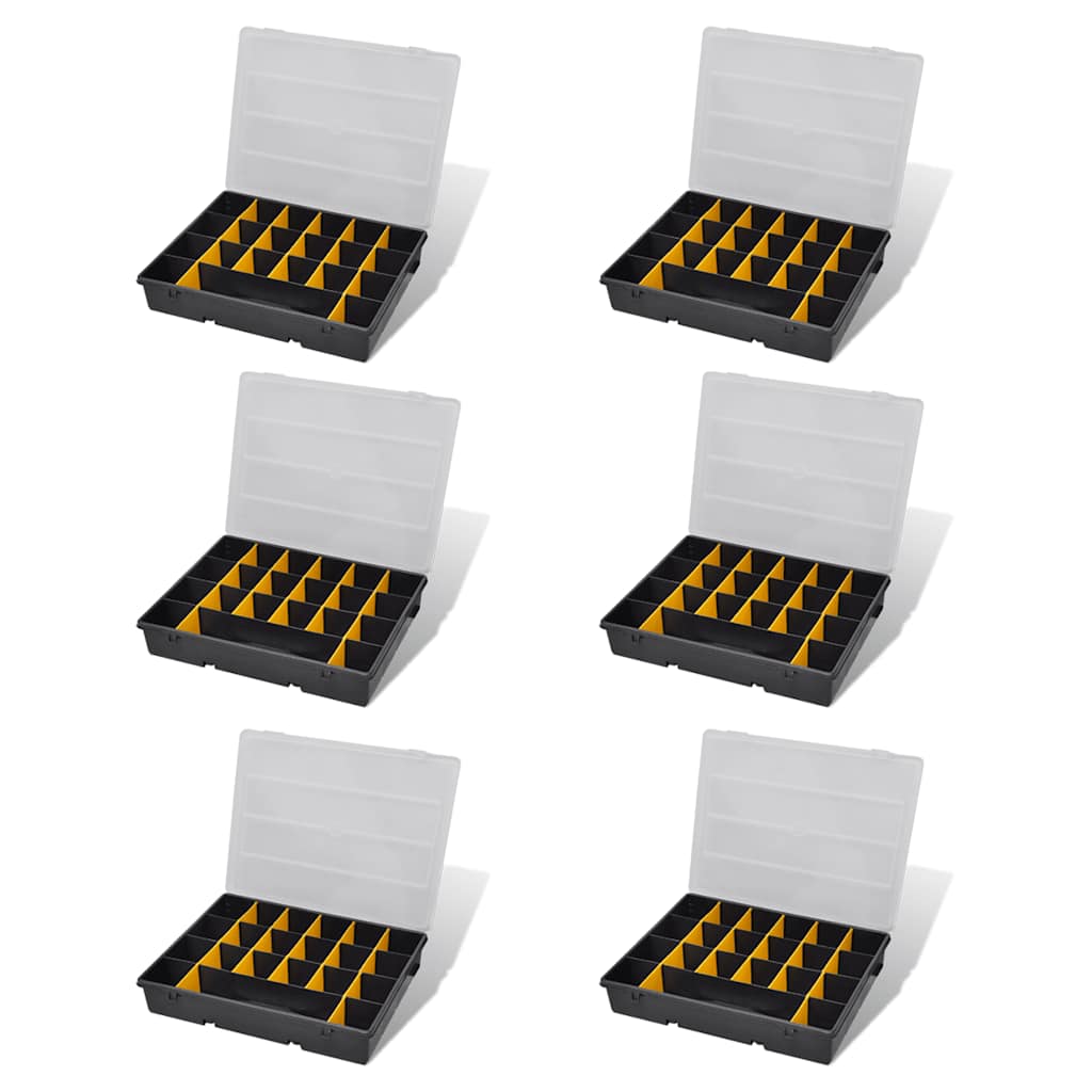 Six open storage box sort cases, each with yellow dividers and clear lids