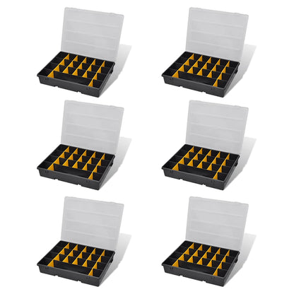Six open storage box sort cases, each with yellow dividers and clear lids