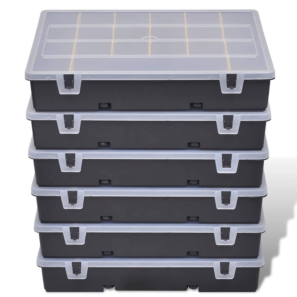 The storage box sort case 6 pcs, a neat stack of five closed black boxes with clear lids