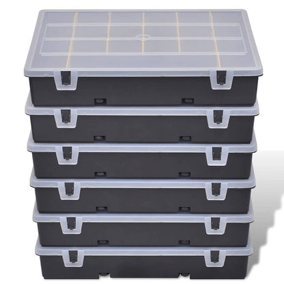 The storage box sort case 6 pcs, a neat stack of five closed black boxes with clear lids