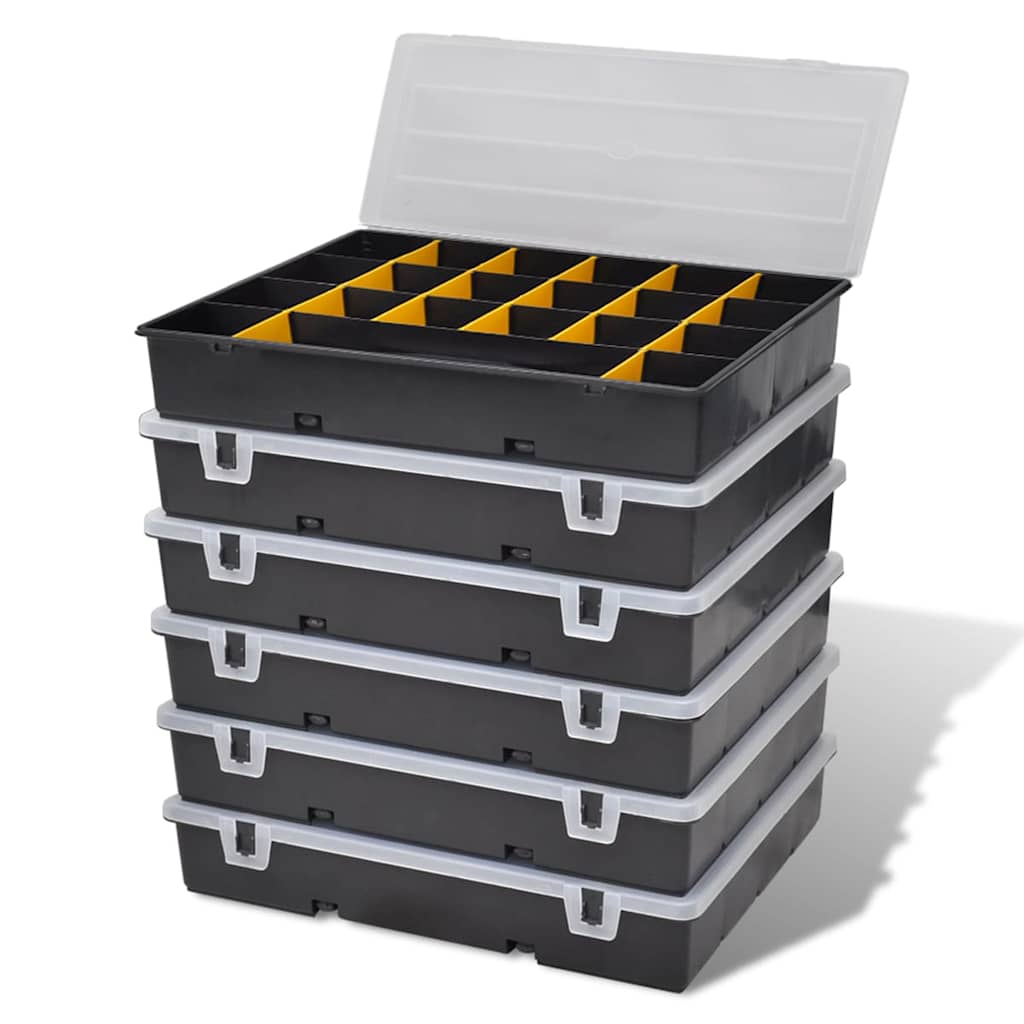 The storage box sort case 6 pcs, a stack of five closed boxes with one open box showing dividers