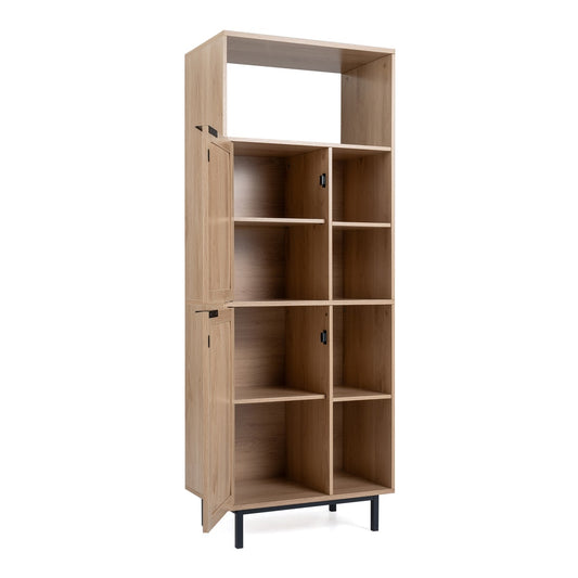 Storage Cabinet with 2 Rattan Doors and 5 Compartments, a tall natural wood unit with two doors and open shelves