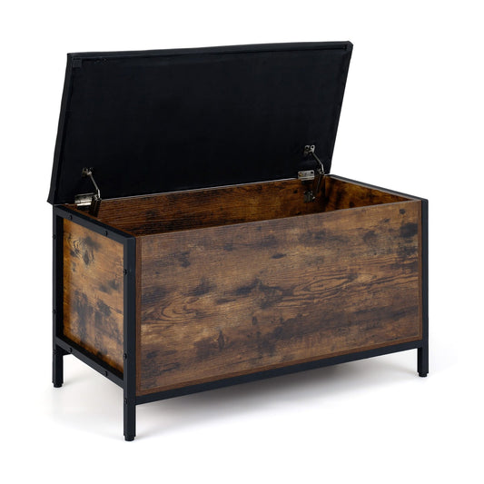 Storage Chest with the lid open to reveal the empty interior and metal hinges