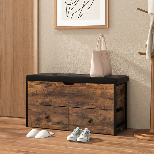 Rustic brown shoe rack and storage bench with two drawers in a hallway with shoes and a bag