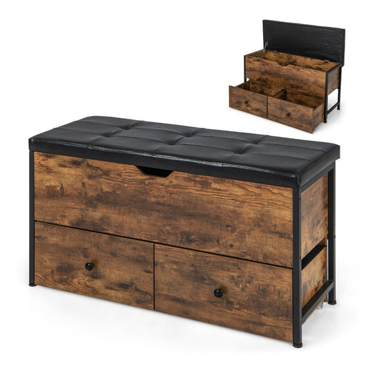 Storage Ottoman Bench with padded seat cushion and two drawers in rustic brown finish