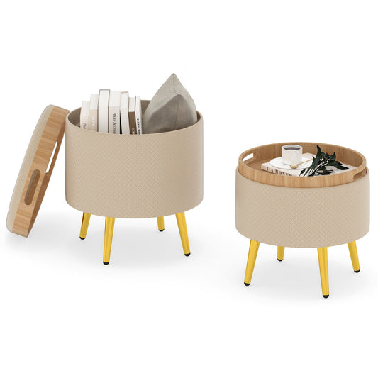 Storage Ottomans Set of 2 Leather Upholstered Round Footrests with lids removed and tray tops