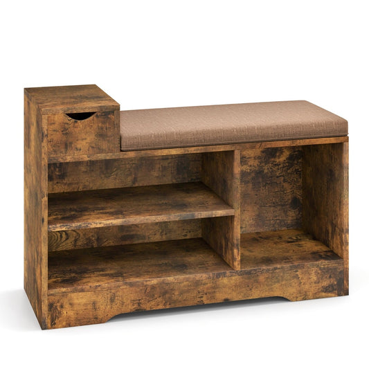 Storage Shoe Bench with Removable Cushion in a rustic brown finish with an open shelf design