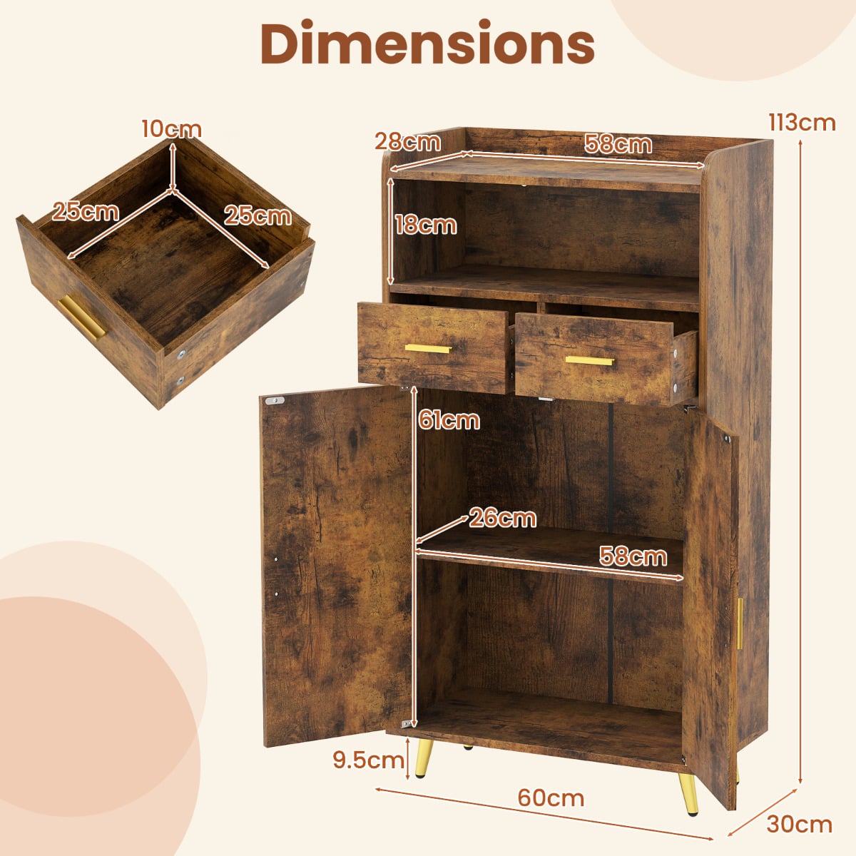 Storage Cabinet with 2 Drawers and 2 Doors-Rustic Brown