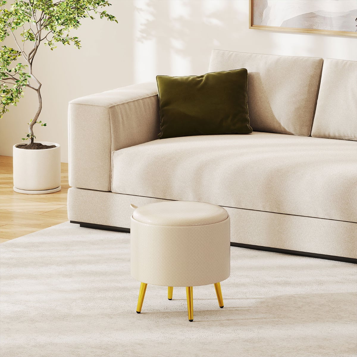 Storage Ottomans Set of 2 Leather Upholstered Round Footrests-Beige
