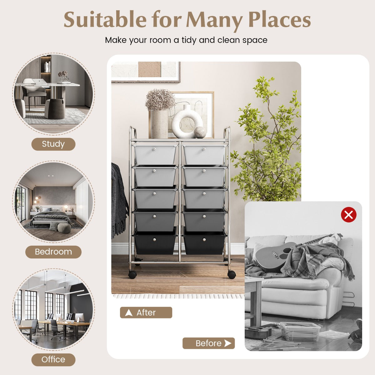 Storage Rolling Cart with 10-Drawer for Tools Scrapbook Paper Organising-Black & Grey