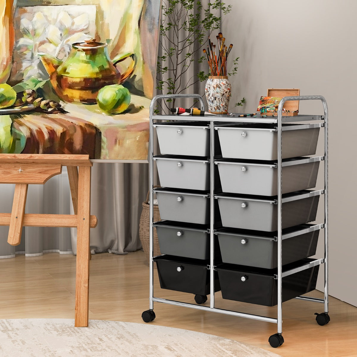 Storage Rolling Cart with 10-Drawer for Tools Scrapbook Paper Organising-Black & Grey