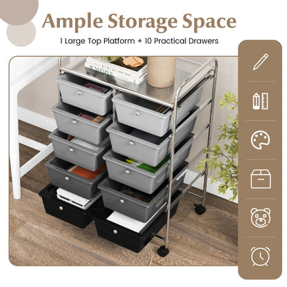 Storage Rolling Cart with 10-Drawer for Tools Scrapbook Paper Organising-Black & Grey