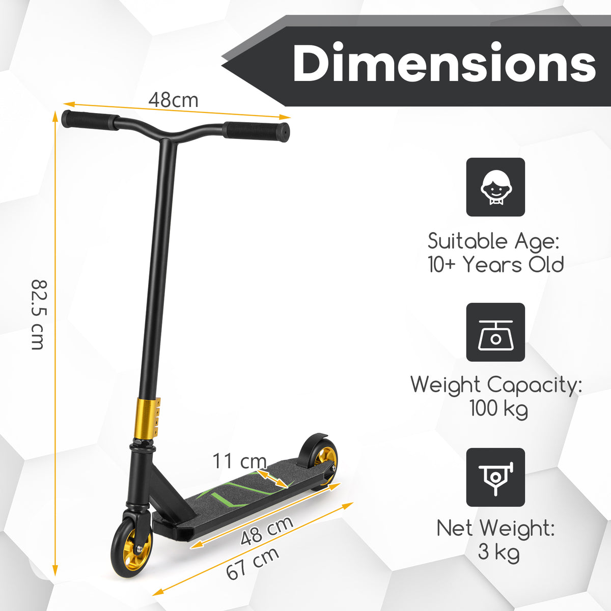 Dimensions diagram for the stunt scooter, showing height, deck length and width