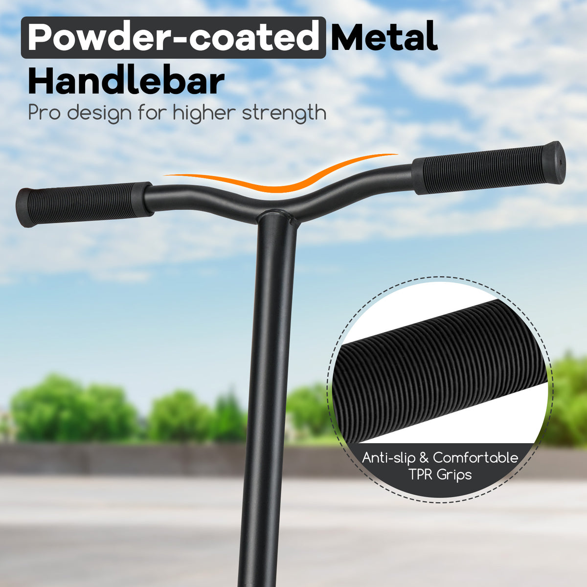 Close-up of the stunt scooter handlebars with comfortable TPR grips