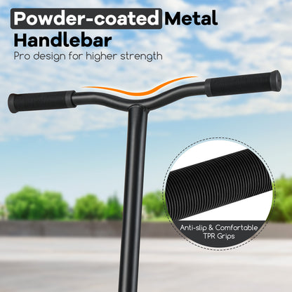 Close-up of the stunt scooter handlebars with comfortable TPR grips