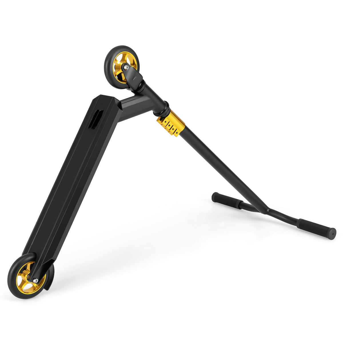 Stunt Scooter Pro Trick Scooter with 2 PU Wheels for Kids-Black, shown from a low angle with gold accents