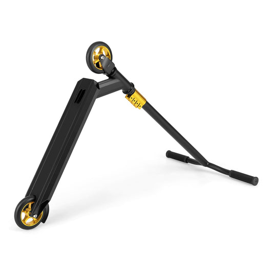 Stunt Scooter Pro Trick Scooter with 2 PU Wheels for Kids-Black, shown from a low angle with gold accents
