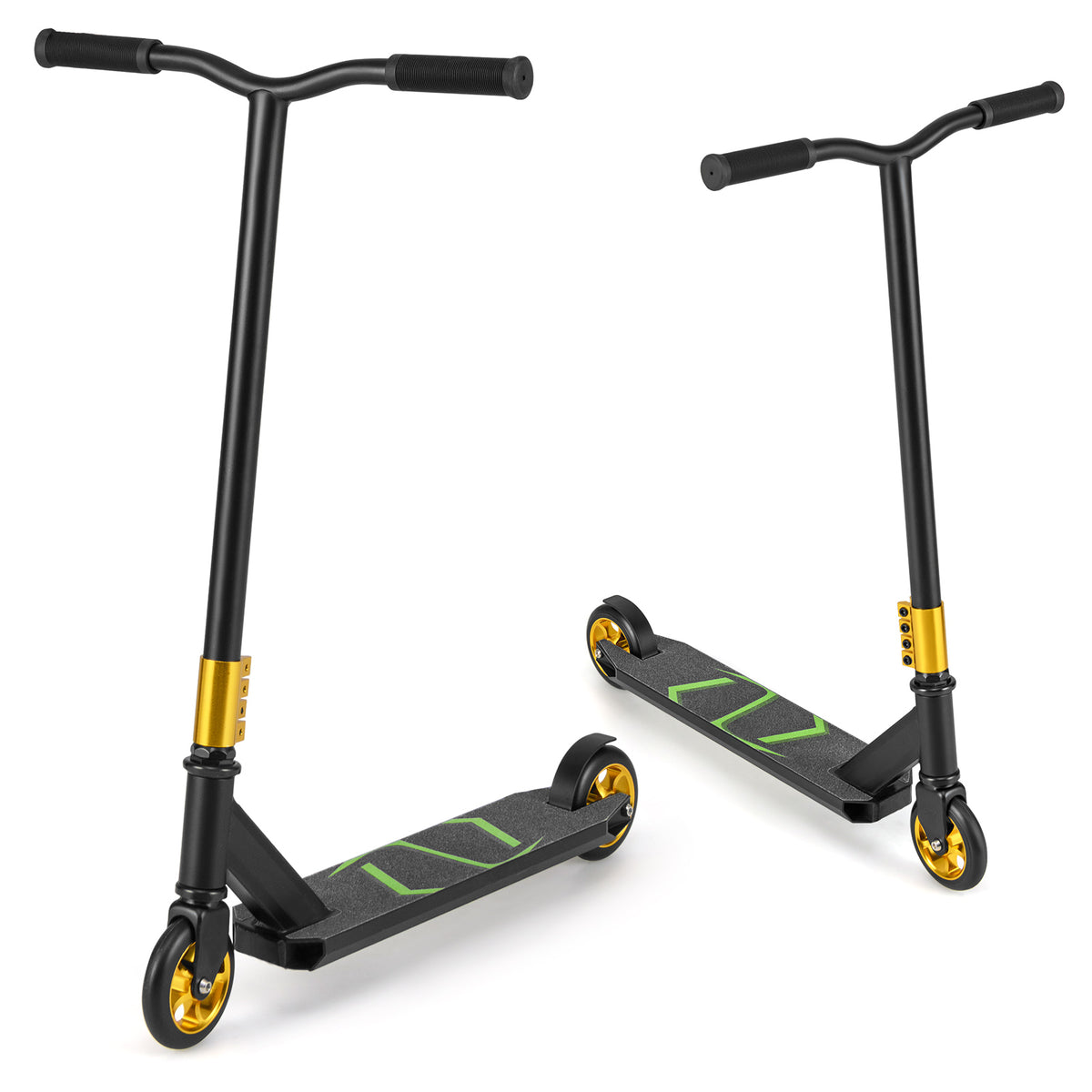 Two black stunt scooters with gold accents, one standing and one on its side