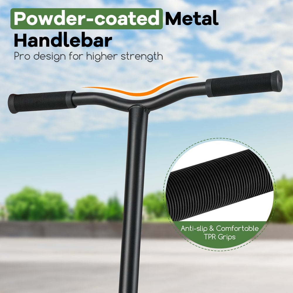 Close-up of the black handlebars and textured grips on the green trick scooter
