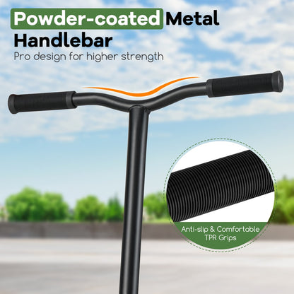 Close-up of the black handlebars and textured grips on the green trick scooter