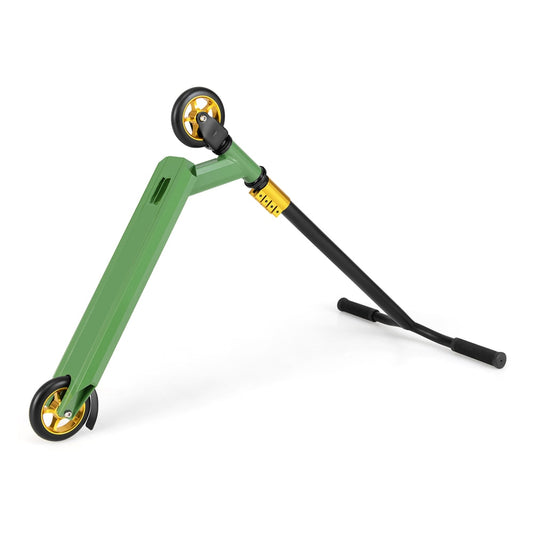 Stunt Scooter Pro Trick Scooter with 2 PU Wheels for Kids-Green, a green stunt scooter with black handlebars and gold accents
