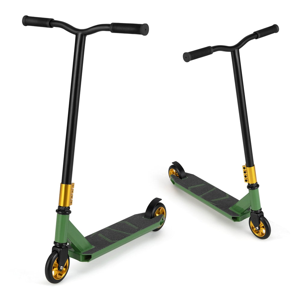 Two green trick scooters, one angled towards the viewer and the other from the side