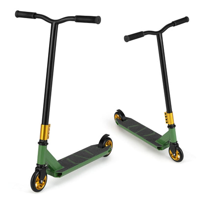 Two green trick scooters, one angled towards the viewer and the other from the side