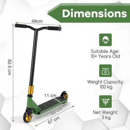 Dimensions diagram for the green trick scooter showing height, width, and length measurements