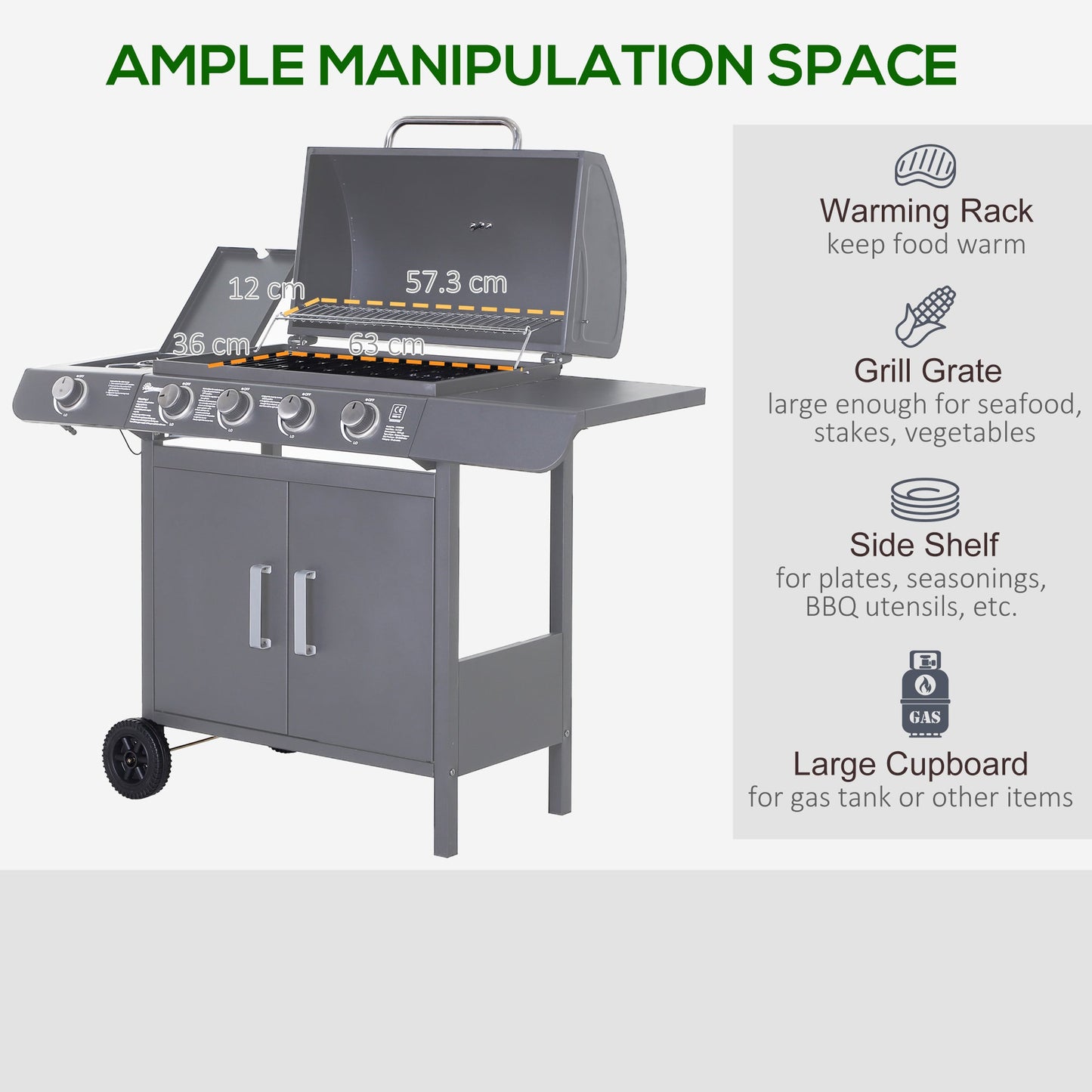 Outsunny 4+1 Burner Gas BBQ Grill, Outdoor Barbecue Trolley with Wheels, Warming Rack, Side Shelves, Cabinet, Thermometer for Garden, Party, Camping, 125L x 51W x 100Hcm, Grey