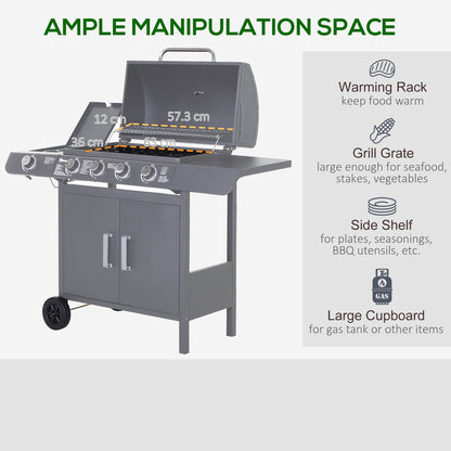 Outsunny 4+1 Burner Gas BBQ Grill, Outdoor Barbecue Trolley with Wheels, Warming Rack, Side Shelves, Cabinet, Thermometer for Garden, Party, Camping, 125L x 51W x 100Hcm, Grey