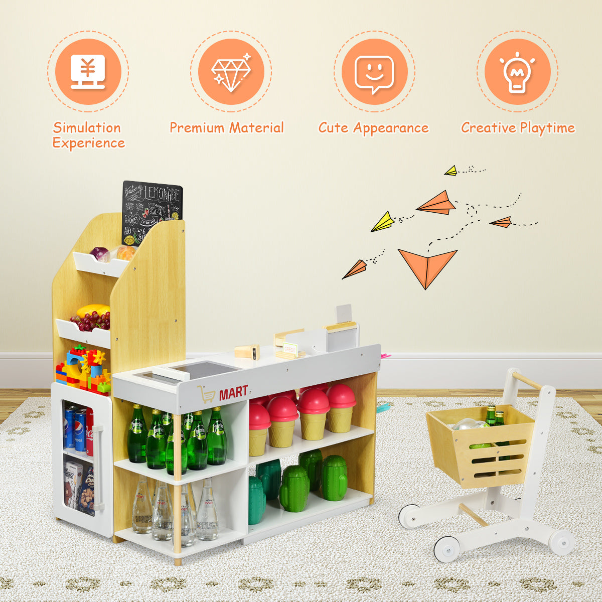 The pretend toys featuring shelves stocked with play food and a small trolley