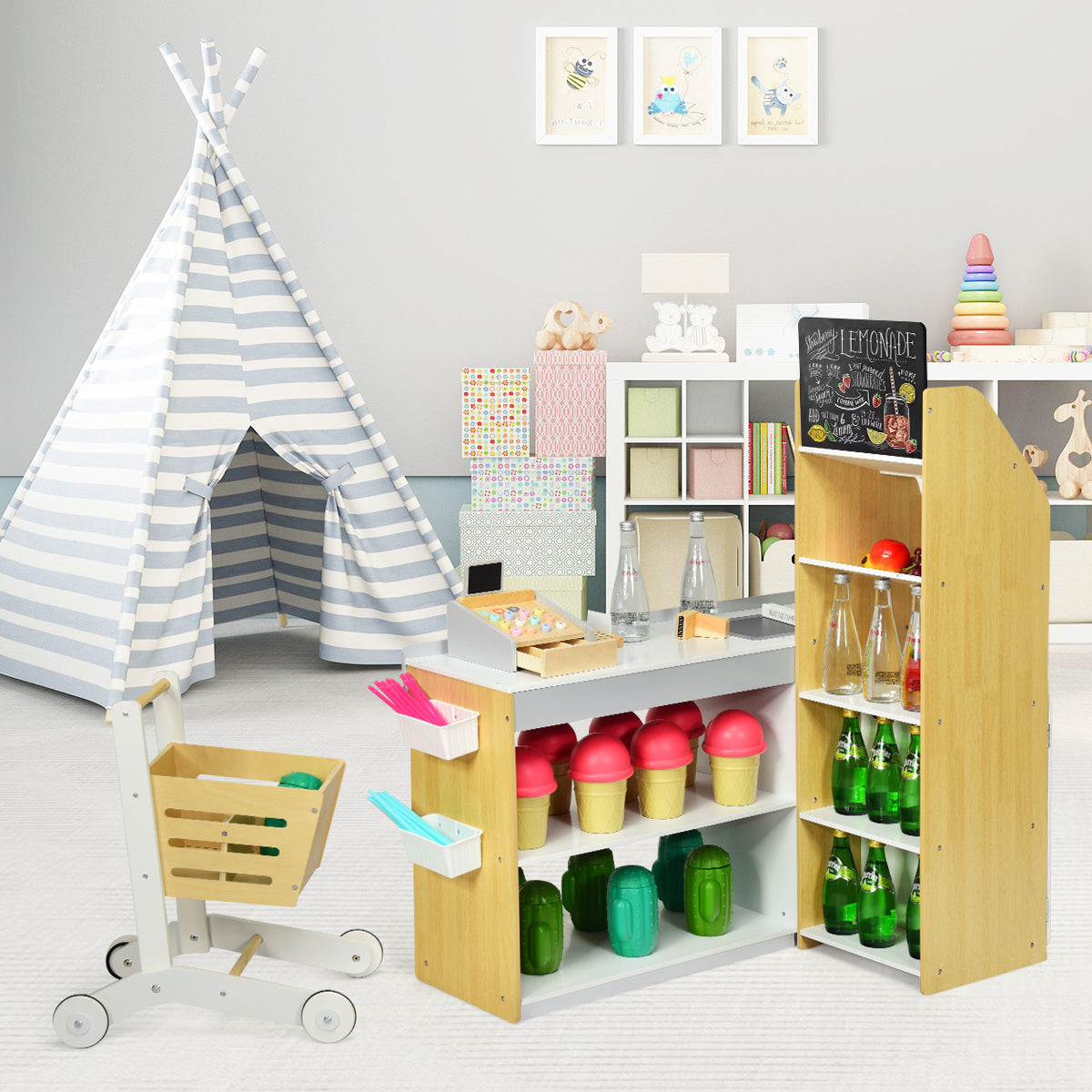 Supermarket Play Set with Shopping Cart, the pretend toys set up in a bright playroom next to a striped teepee tent