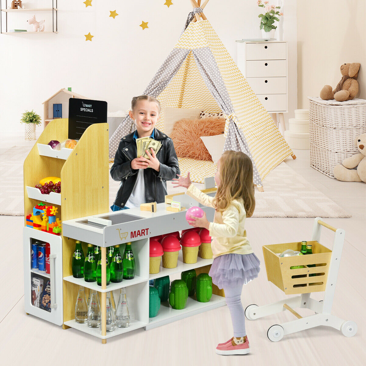 The wooden shop counter and trolley with a child playing and holding play money