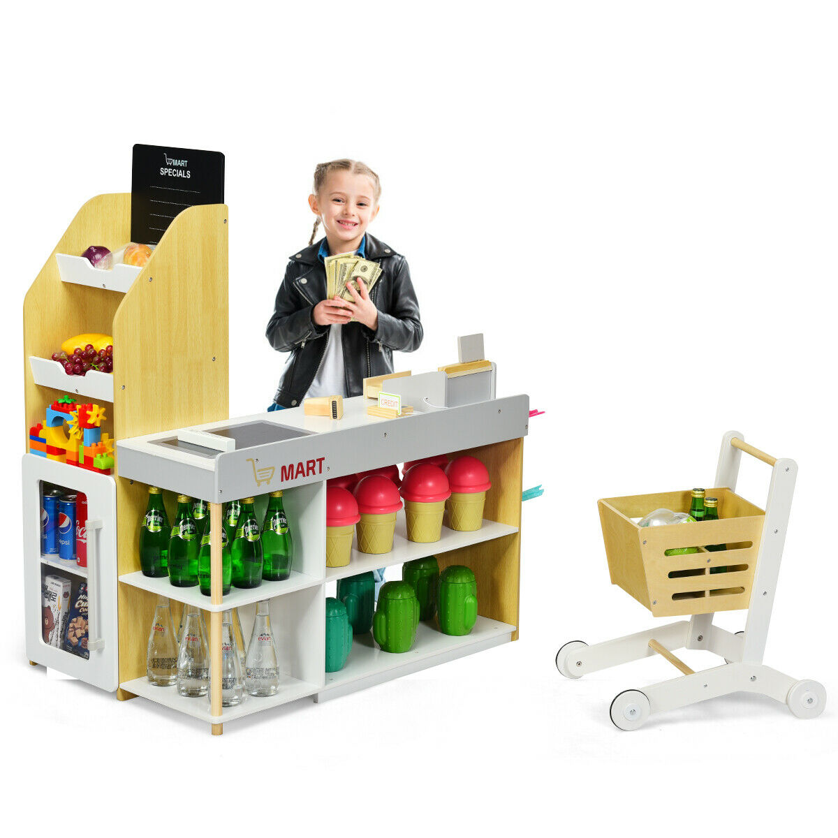 The pretend toys with a young girl standing behind the counter holding play money