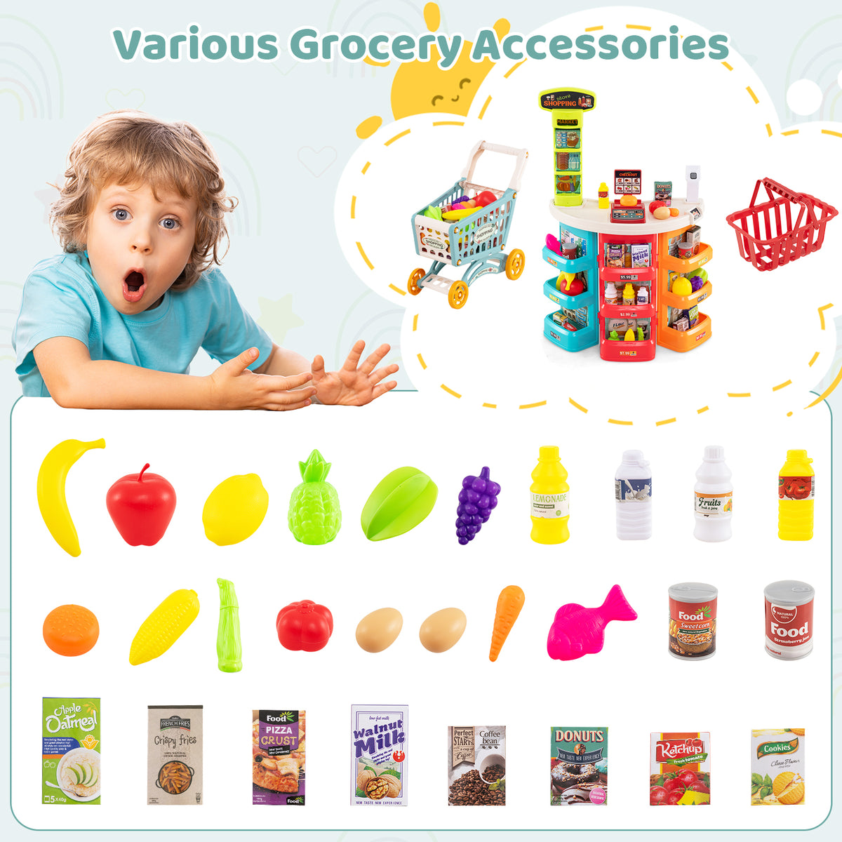 The play kitchen set showing a wide variety of plastic fruit, vegetables and food boxes