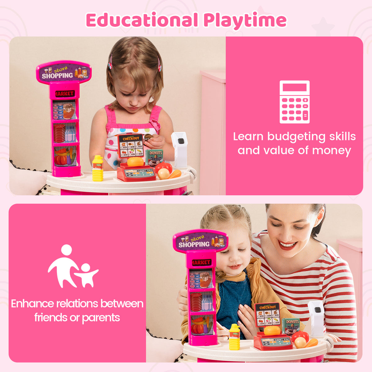 The play kitchen sets shown in two scenes with text about educational benefits for children