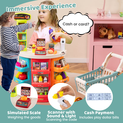 The play kitchen set with close-ups of the checkout scale, scanner and play money