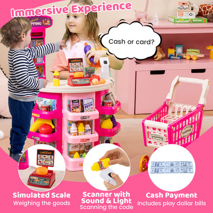 The play kitchen sets with close-up insets showing the scale, scanner and play money