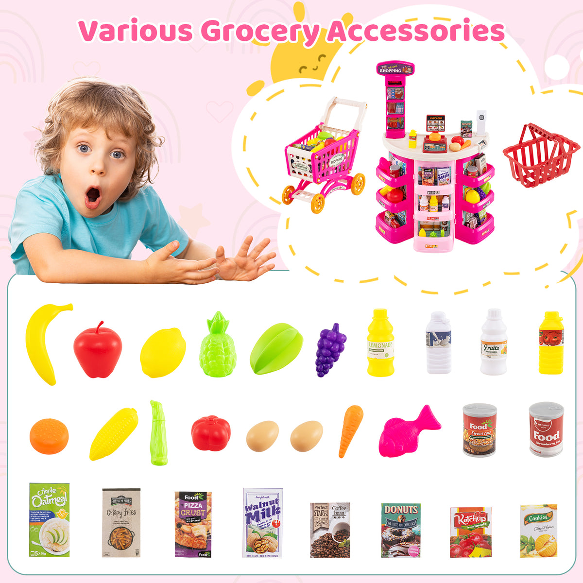 The play kitchen sets displayed with a wide variety of toy fruit, vegetables and food boxes