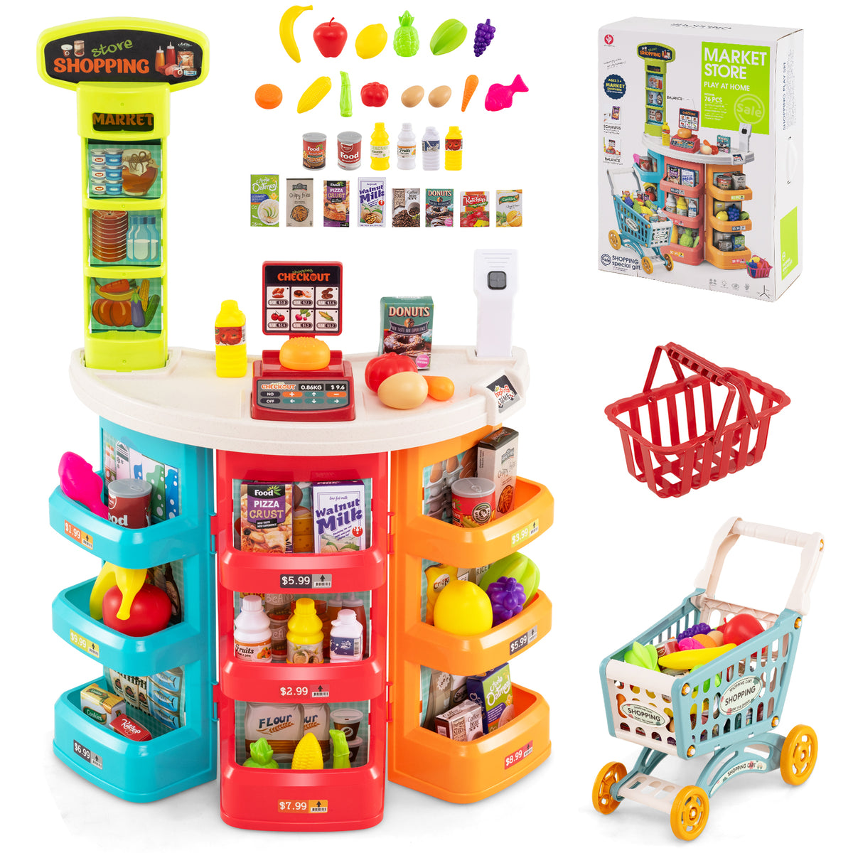 Supermarket Playset with grocery store shelves, shopping trolley, basket and assorted food items
