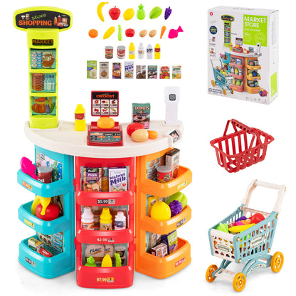 Supermarket Playset with grocery store shelves, shopping trolley, basket and assorted food items