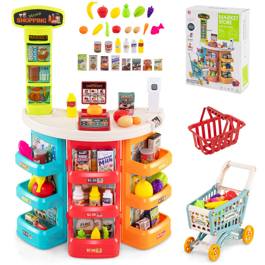 Supermarket Playset with grocery store shelves, shopping trolley, basket and assorted food items