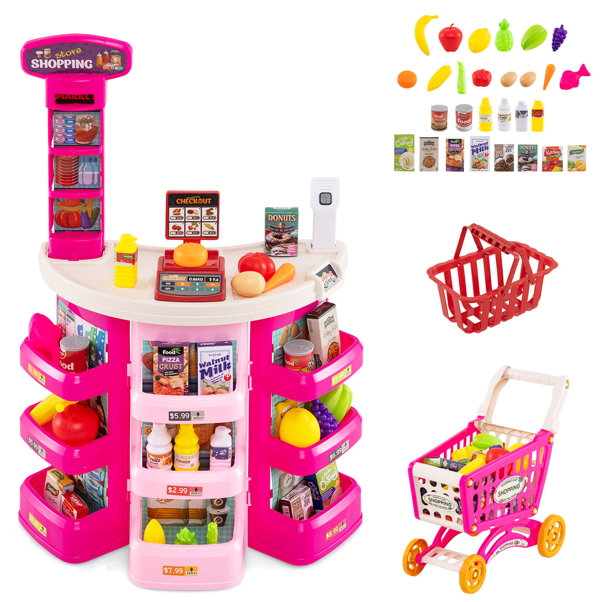 Supermarket Playset with pink shelves, a checkout counter, a shopping trolley and toy food items