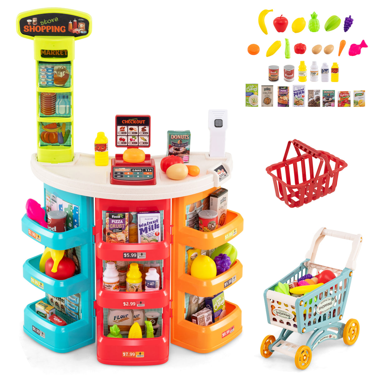The play kitchen set featuring shelves, a checkout counter, shopping basket and trolley