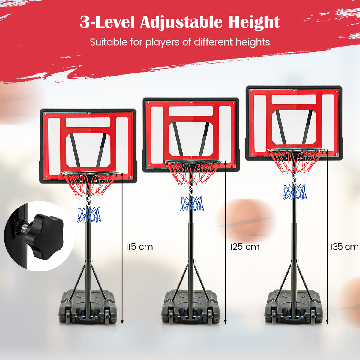 the swimming pool basketball hoop shown at three different heights with a close-up of the knob